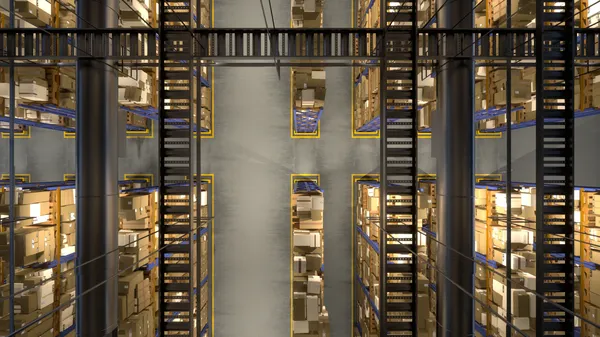 Tall metal shelves filled with organized goods showcase the efficiency and logistical control characteristic of a bonded warehouse.