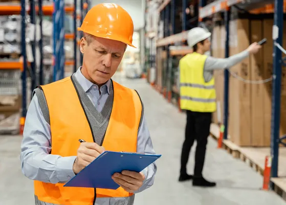 Warehouse supervisor taking inventory, reflecting the work of Customs brokers in tracking and controlling shipments.