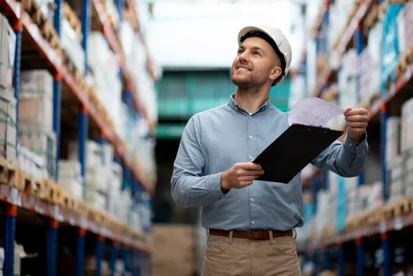 Professional evaluating merchandise in a distribution center, representing the supervision Customs brokers perform to ensure safe operations.