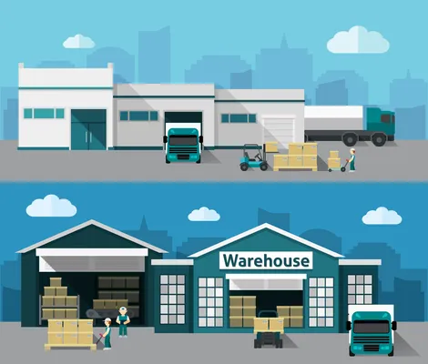 Illustration of a distribution center with cargo trucks and staff managing the flow of goods in and out.