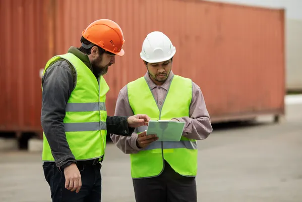 Two men wearing helmets and vests review papers in front of containers, representing the support of Mexican customs brokers in the document review of foreign trade.